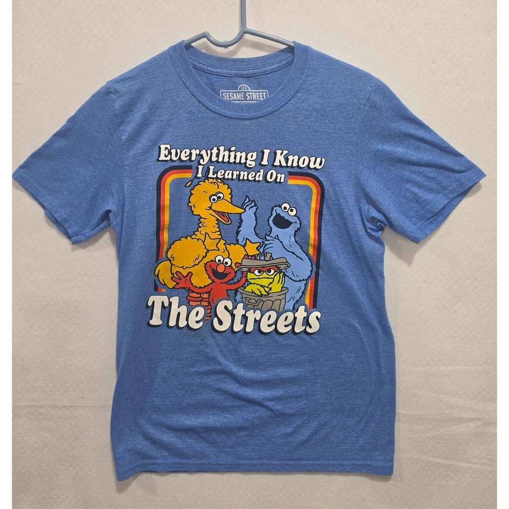Sesame Street Learned On The Streets Graphic T-Shirt Blue Mens Small Retro Tee